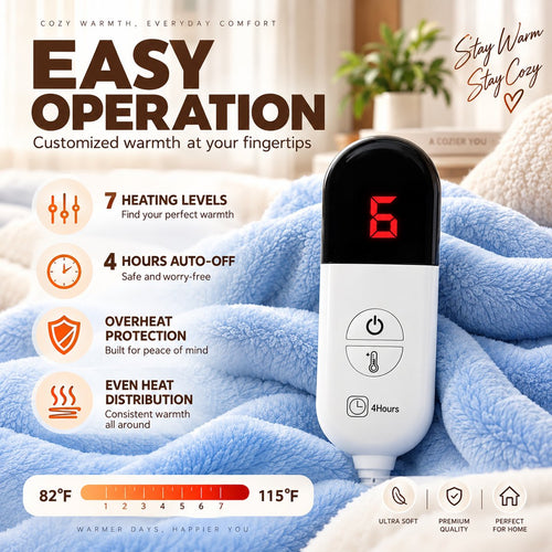 COZY Heated Wearable Blanket – Easy operation, 7 heating levels