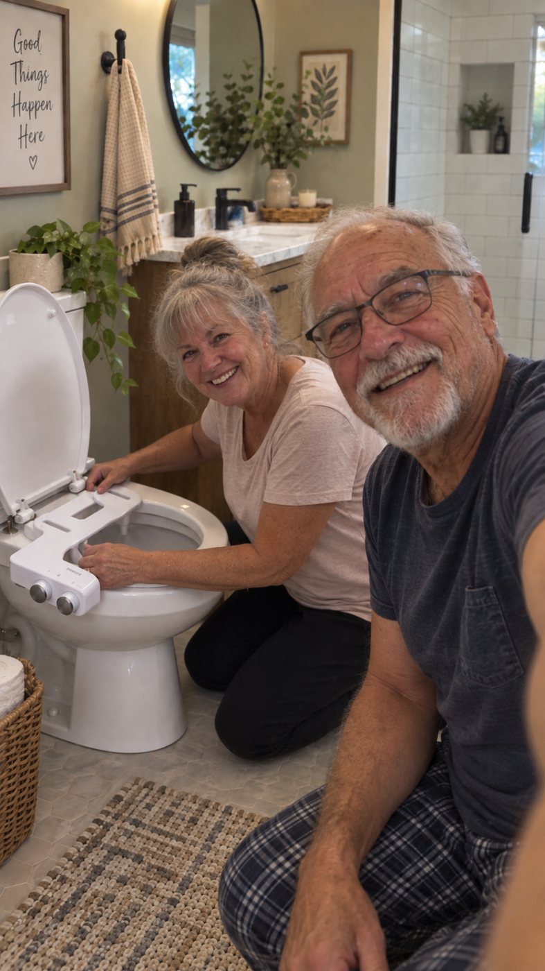 An older couple installing the Soraya bidet attachment themselves