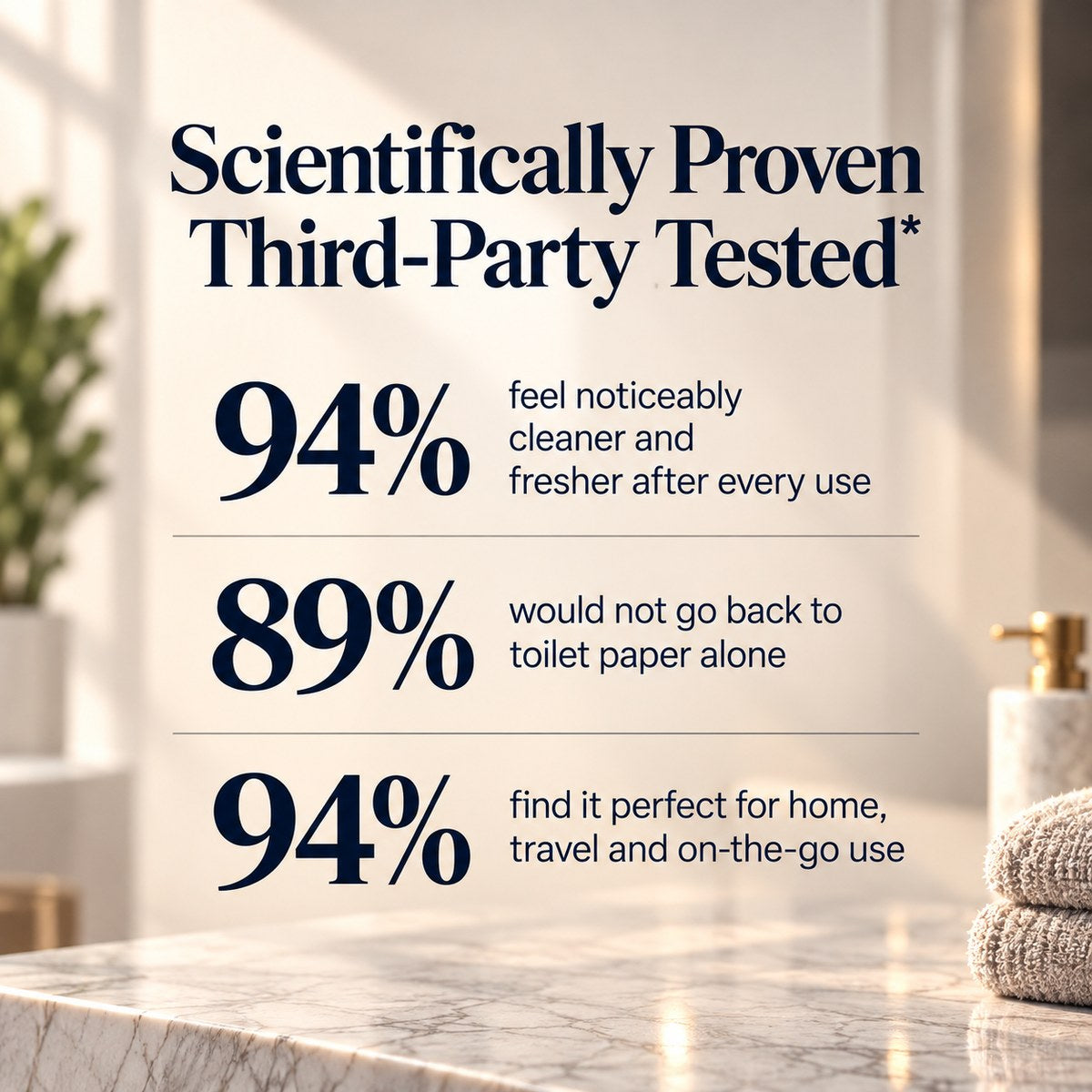 Customer survey results: 94% feel cleaner, 89% would not go back to toilet paper, 94% find it perfect for home and travel