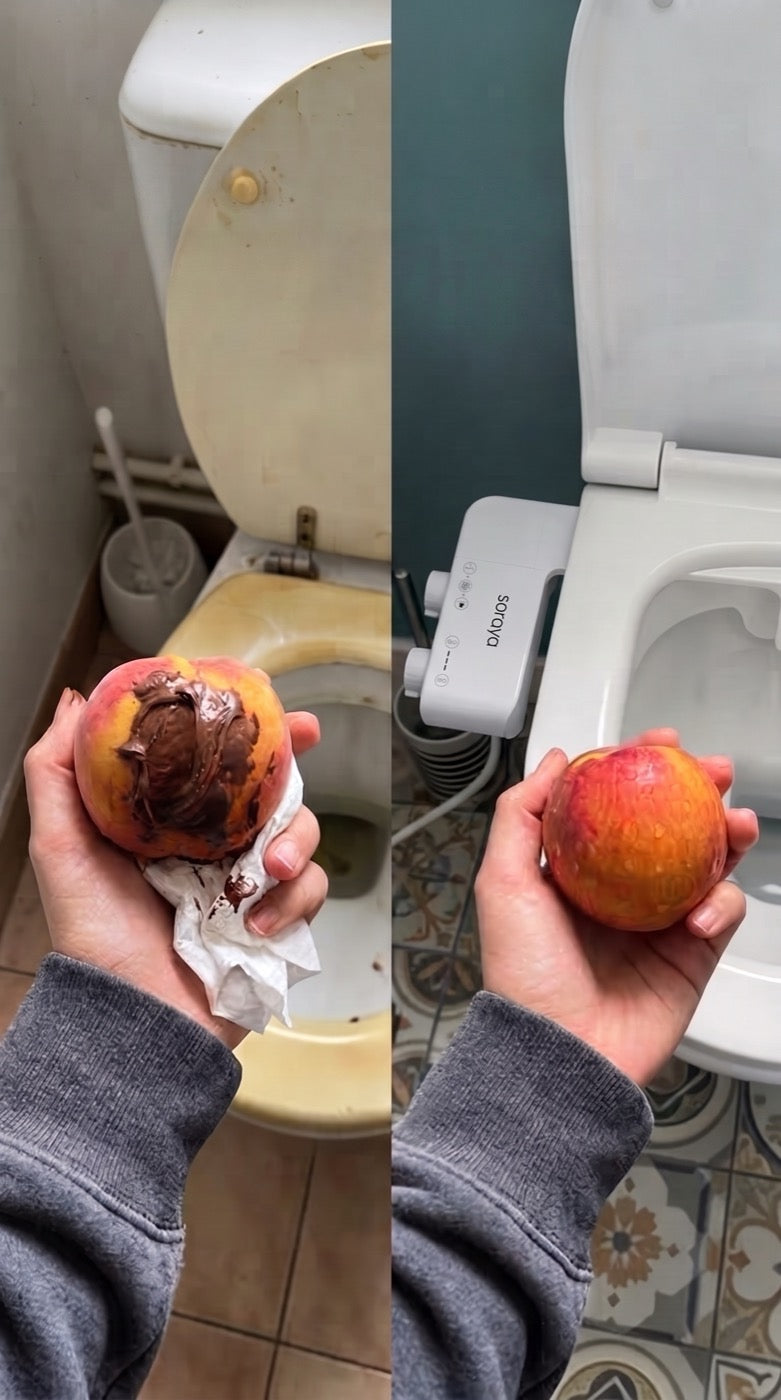 Before and after: a smeared peach wiped with paper versus rinsed clean with the Soraya bidet