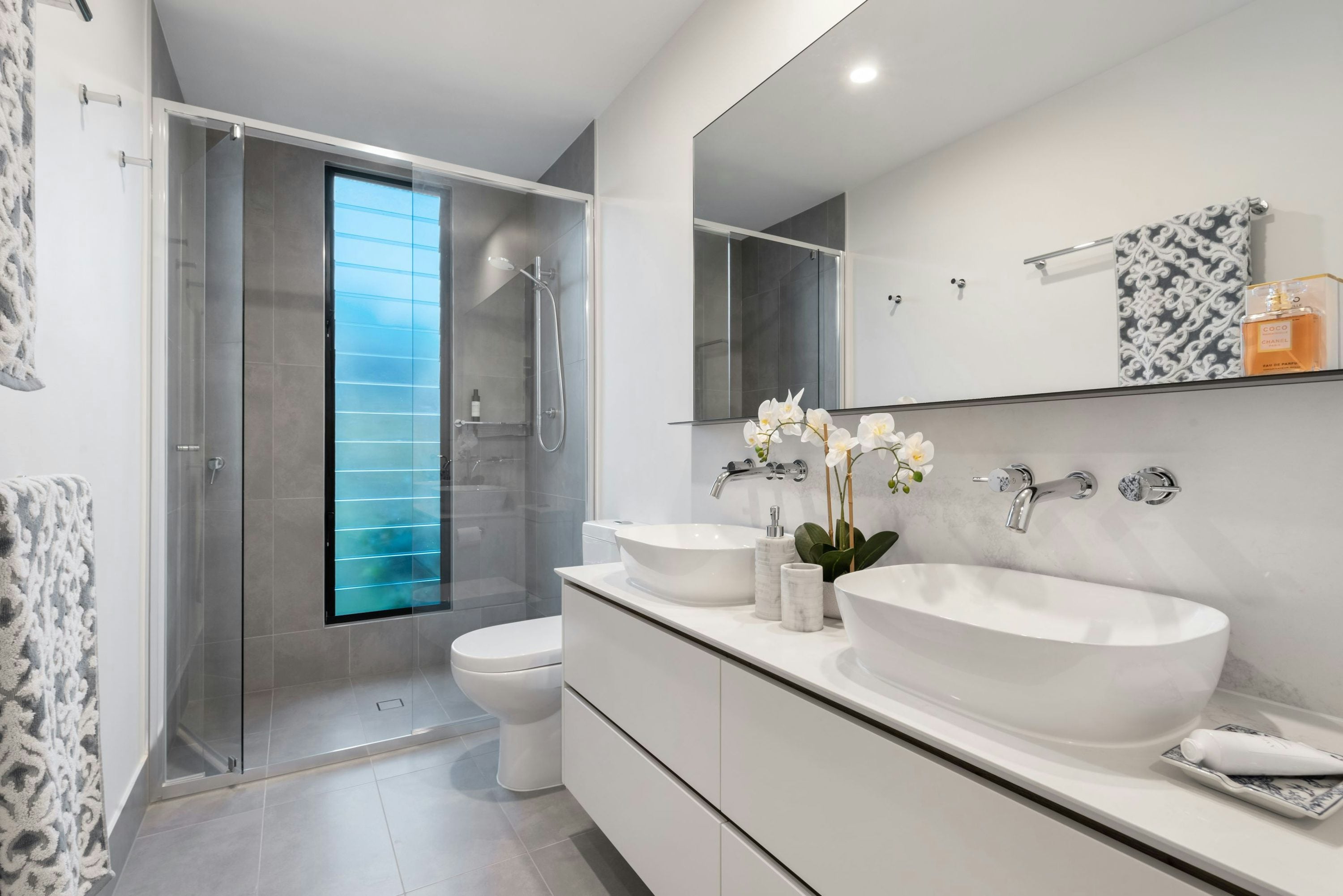 Bright bathroom with chrome fixtures